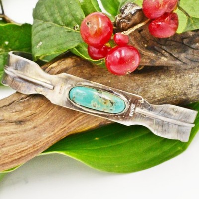 Sterling Silver 980 Turquoise Gemstone Feather Design Cuff Bracelet