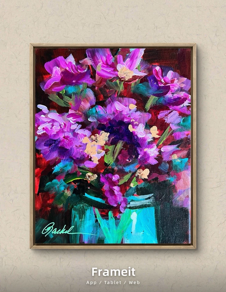Pintura acrílica floral magenta suelta original 8 x 10 sobre lienzo estirado Foto 3 de 3