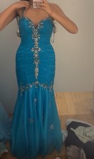 Blue Beaded Sequin Mermaid Formal Dress Tulle Sweetheart Straps Long Sleeveless