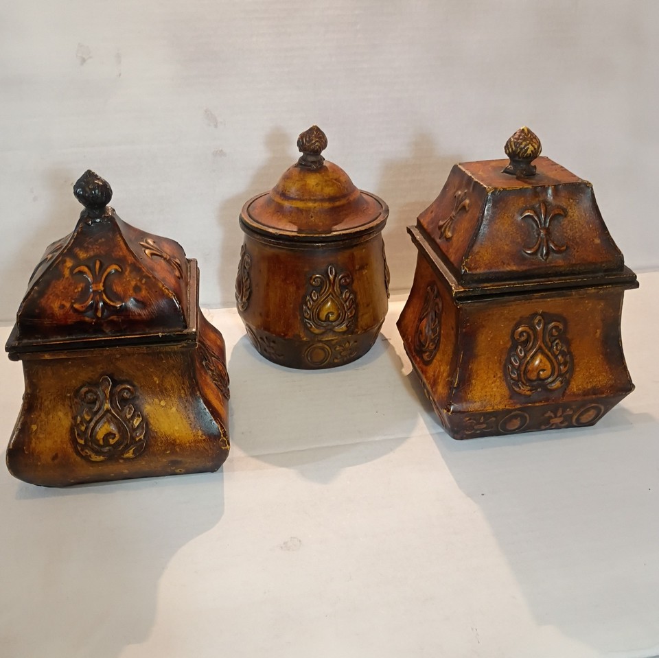 Set of 3 Vintage Metal Canisters With Lids Intricate Embossed Designs Rare HTF