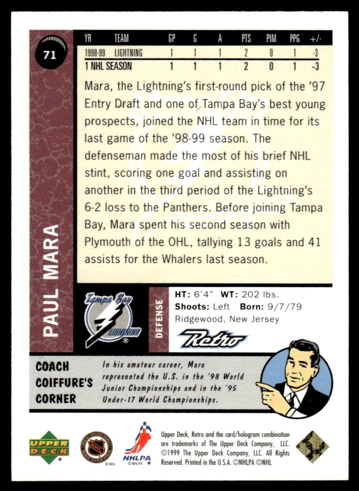 1999-00 Upper Deck Retro Paul Mara 79/150 Lightning #71 *Noles2148* - Image 2 of 2