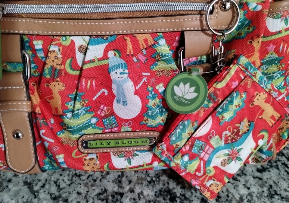 Lilly Bloom Holiday Purse Set Tote Bag Pouch Red Reindeer Christmas Snowman - Image 2 of 4