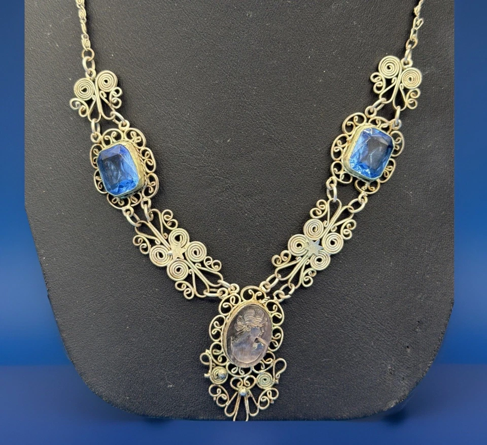 Victorian Silver Tone Filigree Carved Cameo Necklace - Image 2 of 4