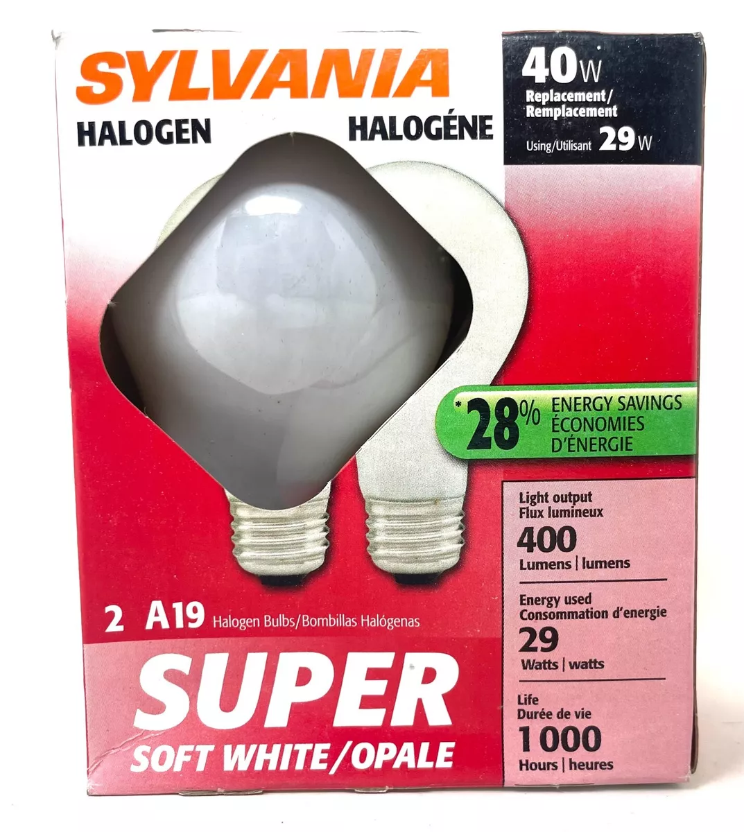 Sylvania 2 Pack A19 40W Replacement using 29W Soft White Medium