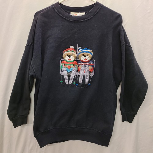 RARE Vtg 70s sweatshirt Fuzzy Teddy Bears winter Skiing trip Made Japan Lg black - Picture 2 of 8