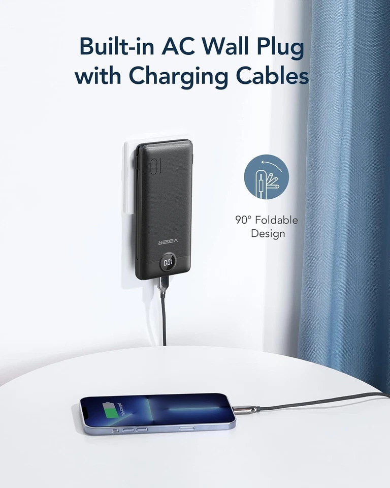 Portable Charger Built-in Cables and AC Wall Plug, USB C Power Bank 10000mAh - Image 3 of 4