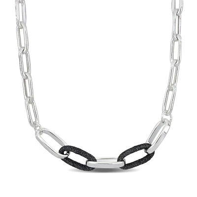 Amour Sterling Silver Oval Link with Black Sparkle Enamel Necklace - 18+2 in.