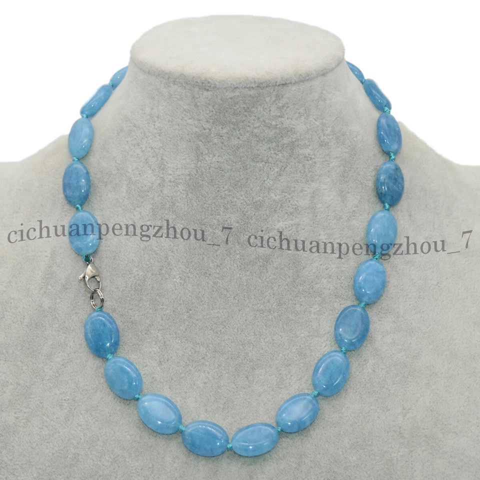 Conjunto de aretes collar cuentas ovaladas gemas aguamarina azul natural 13x18 mm Foto 4 de 4