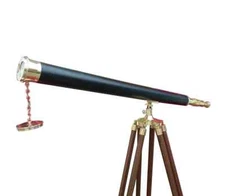Nautical Maritime Brass Leather Antique Telescope 40" With Wooden Tripod Stand D