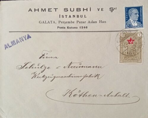 Turkey  1937 Ahmet Subhi Cover franked with Ata & Red crescent stamp to Germany - Picture 1 of 2