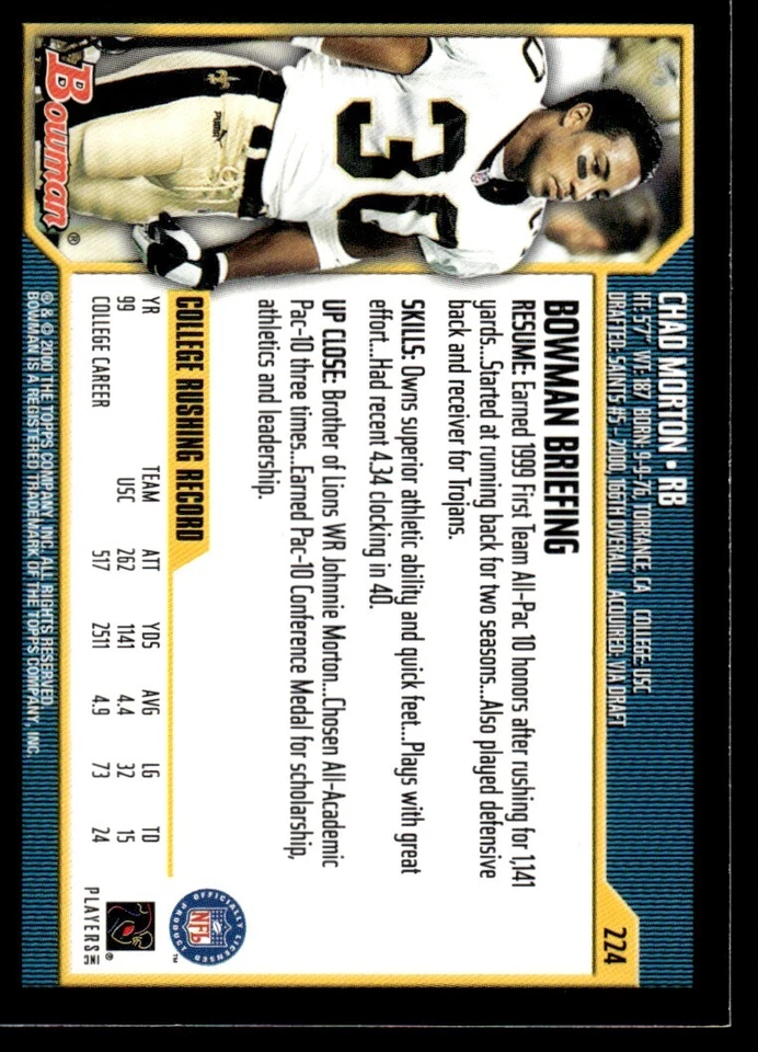 2000 Bowman Chad Morton Rookie New Orleans Saints #224 - Image 2 of 2