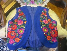 Vintage Matyo Hungarian Embroidered Blue Felt Vest with Floral Design