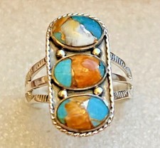 Natural Spiny Turquoise 3 Stone Ring size11 in Sterling Silver 1.75 ctw
