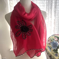 Bold Pink Sheer Scarf Black Daisy Black White Trim READ