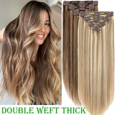 Double Wefts Clip In Highlight Real Remy Human Hair Extensions 8Pieces Full Head