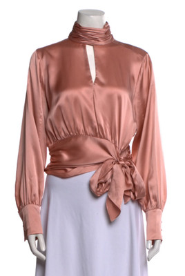 Cinq à Sept Structured Flowing Rose Silk Blouse High Neck Waist Tie Size M NWOT