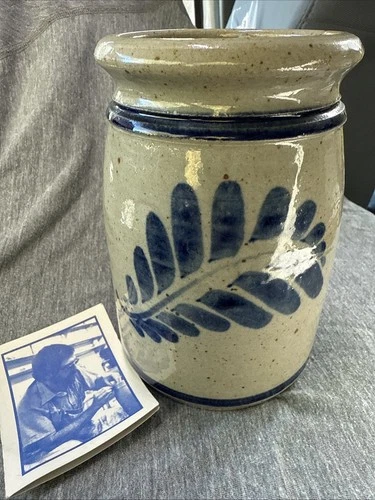 Signed 1992 Westerwald Pottery Speckled Salt Glaze Cobalt/ Brown Stoneware Crock