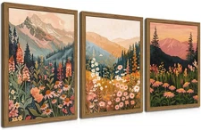 Boho Colorful Landscape Wall Art Set of 3, Vintage Wildflower Mountain Canvas...