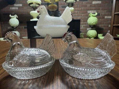 Lot Of 3 Vintage Hen on Nest Covered Dish 1 White Milk & 2 Crystal Clear 4” READ