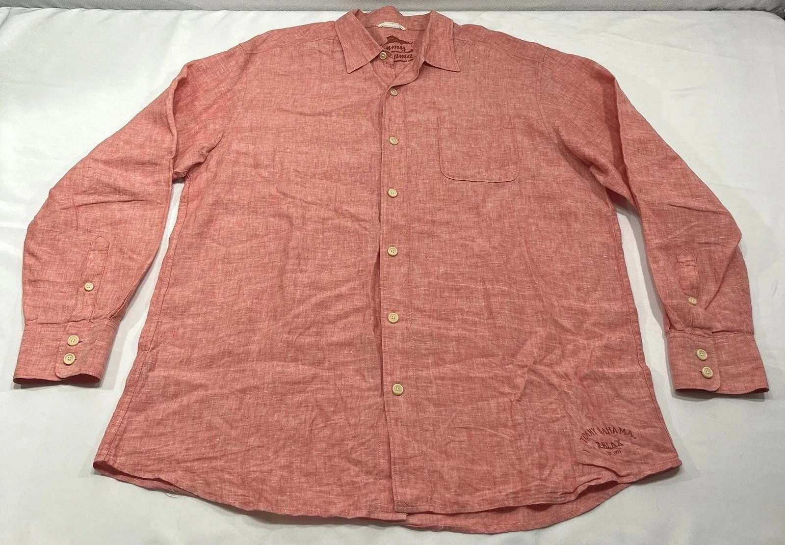 Tommy Bahama Mens Shirt Size XL Button Down Red Relax 100% Linen Long Sleeve