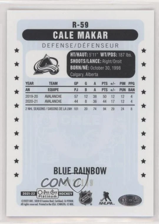 2021-22 O-Pee-Chee Platinum Retro Rainbow Blue /199 Cale Makar #R-59 - Image 2 of 2
