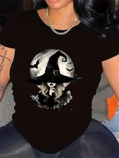 Halloween Witch and Bat Printed T-shirt - Soft and Breathable Fabric, Machine