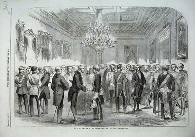 Original alter antiker Druck 1857 Sprecher Parlamentarischer Deich Männer Treffen 19.