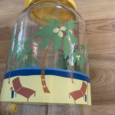 Vtg. 1 Gal. Glass Sun Tea Jar Spigot Yellow beach palm trees summer lemonade 