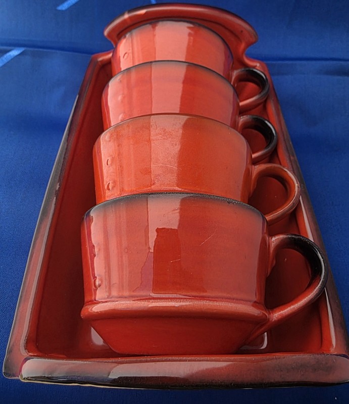 Beautiful Rare Vintage Metlox Poppytrail Flame Orange Basket With Four Soup Cups