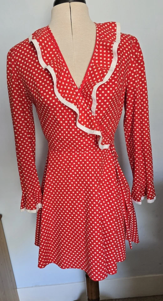 1960s Shubette Red Spotted Cotton Mini Dress Small. Swinging 60s.  - Image 2 of 4