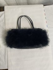 Black Faux Fur Mini Tote Handbag W/ Zipper Pockets Cute Lining