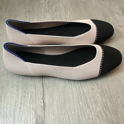Rothy s The Square Tuxedo Flats Size 7.5 Slip On Shoes Beige Black Knit Ballet