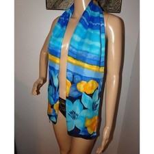 Vintage Blue  Yellow Long Floral Scarf made in Italy boho head wrap neck scarve