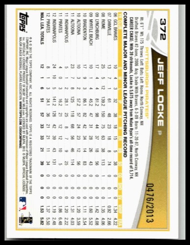 2013 Topps Gold #372 Jeff Locke 476/2013 Pittsburgh Pirates - Picture 2 of 2