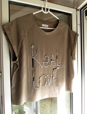 ANISTON OVERSIZE SHIRT TYPO SCHRIFTZUG PERLEN SCHMUCK STEINE KHAKI GRÜN S 36 NE 