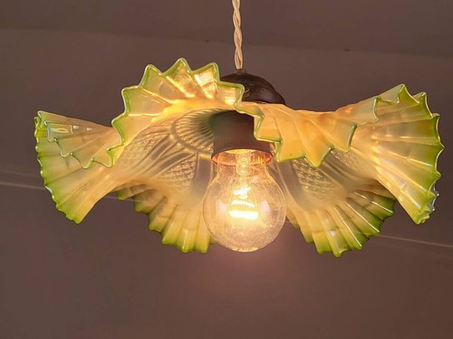 FRENCH ANTIQUE 1920s Hanging Glass Lamp Opalescent Green Pendant Light - Picture 7 of 10