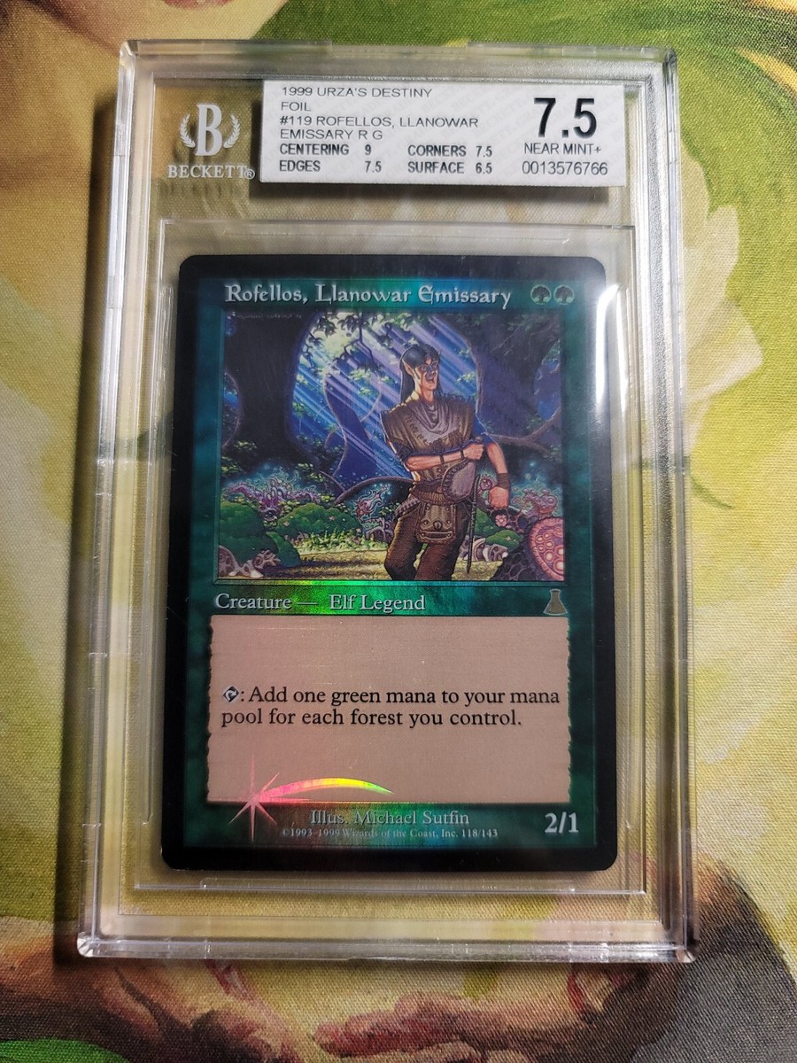 Mtg Foil Rofellos, Llanowar Emissary. BGS 7.5 NEAR MINT+. Urza's