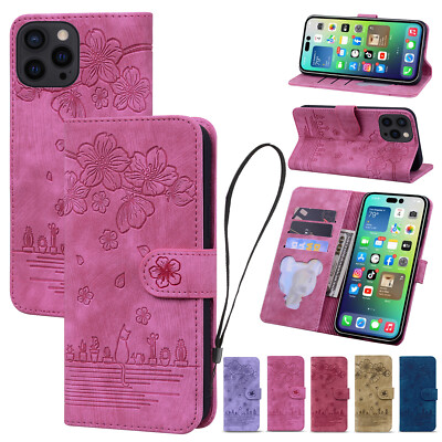 For iPhone 16 15 14 Pro Max PU Leather Magnetic Flip Stand Wallet Strap Case