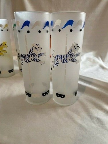 Vtg Libbey Animal Carousel Frosted Glasses Set of 8 Circus MCM Merry Go Round - Picture 6 of 6