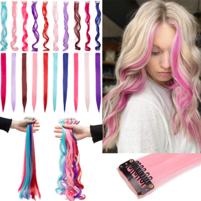 Hairpiece Streak Clip in Highlight Fake Hair Extensions Wavy Straight Pink  Long