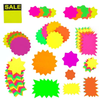 Pack of Fluorescent Flash Stars/Cards Bright Neon Colours Retail Display Tags