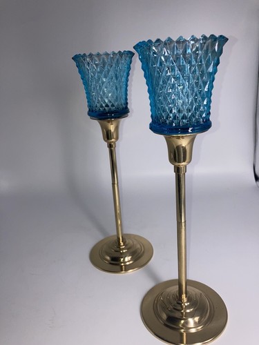 Vintage Beacon Hill Brass Candle Holders With Votive Cups Glass Teal Set 2 - Picture 2 of 16