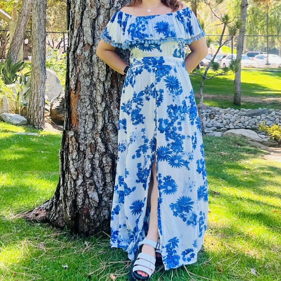 White floral maxi top dress off the shoulder