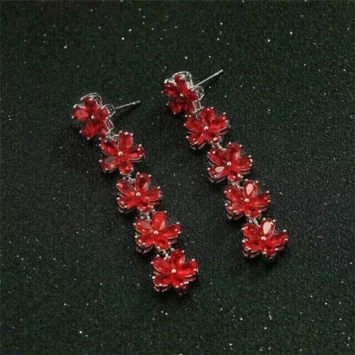 Pretty Pear Cut Simulated Red Ruby Drop/Dangle Earrings In 14k White Gold Plated - Picture 2 of 6