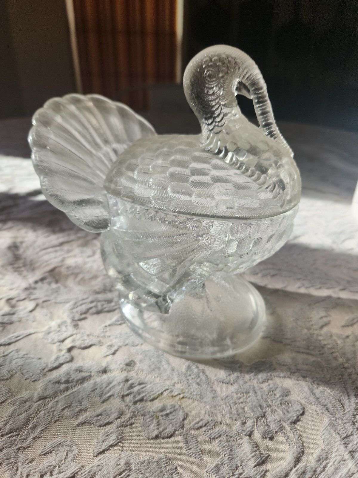 Clear Glass Thanksgiving Holiday Turkey Serving Bowl Candy Dish w/ Lid LE Smith