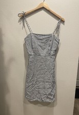 Old Navy Mini Dress Smocked SZ S Striped Tie Straps Linen Blend Pockets Vacation