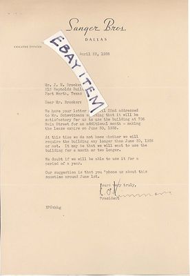 1938 DALLAS TEXAS President of Sanger Bros. E. P. Simmons LETTERHEAD signed LTR