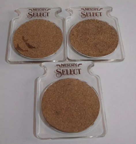 JUEGO DE TRES POSAVASOS PUBLICITARIOS NESTLE NESCAFE SELECT CORCHO Y PLÁSTICO CON LOGO