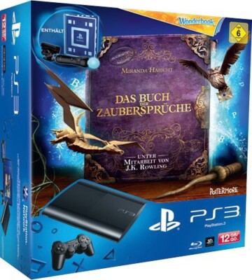 PS3 Konsole Super Slim 12GB schwarz + Original Pad + Move Pack + Wonderbook + Zu