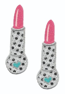 Pair or (3 1/4'') Silver Pink Lipstick Cosmetic Iron On Patches Heart Polka Dot